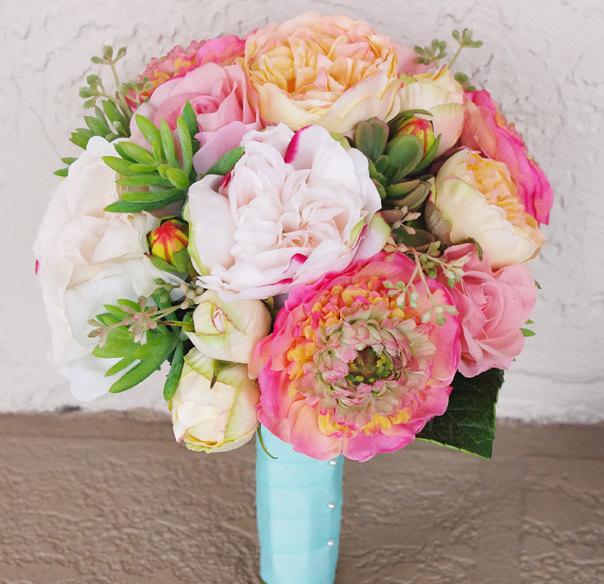Wedding - Bouquet of Silk Peonies, Ranunculus and Succulents Coral Peach Natural Touch Flower Wedding Bride Bouquet - Almost Fresh