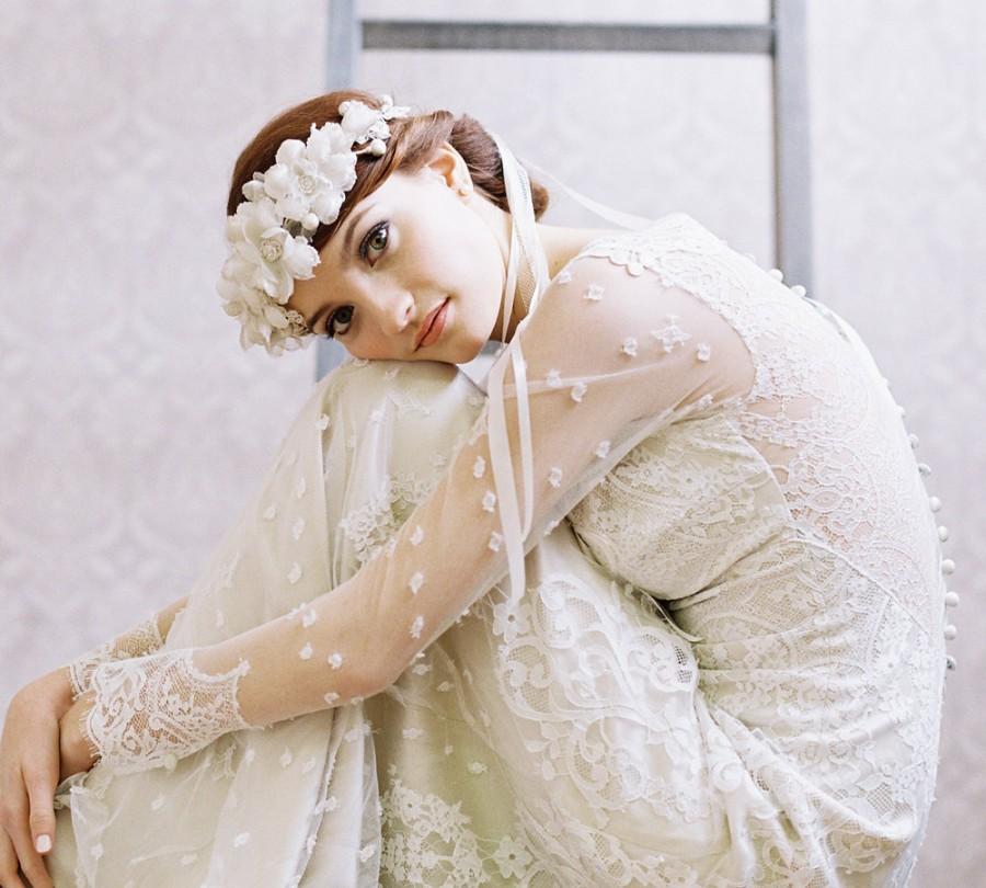 Hochzeit - Bridal silk flower crown with ribbon tie veil - La Fleur Style no. 1958