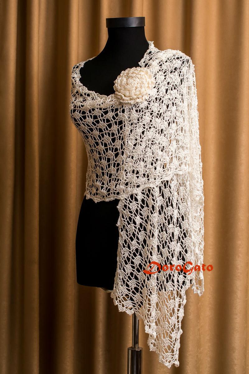 Hochzeit - Bridal Shawl, Wedding Shawl, Ivory Crochet shawl, Bridal Cover up, lace shawl, Unique Design, cream wraps shawls, Bolero, bridal Shrug