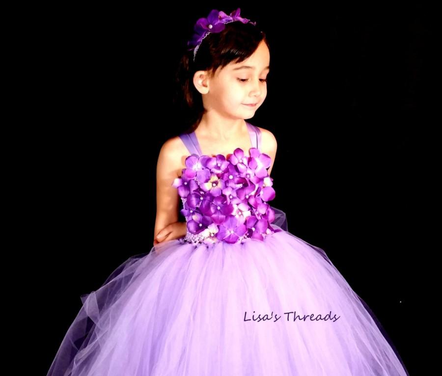 زفاف - Lavender purple Flower Girl Dress & headband / Junior bridesmaids dress/ MANY COLORS AVAILABLE Rhinestone tulle dress