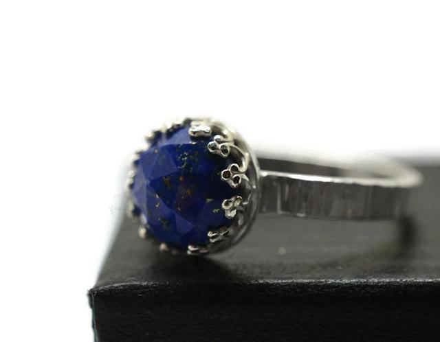 Wedding - Lapis Lazuli Ring, Simple Sterling Silver Tree Bark Band, Women's Blue Gemstone Engagement Jewelry