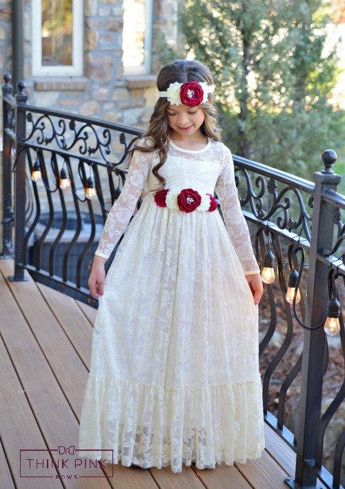 Mariage - lace girl dress, flower girl dress, flower girl lace dresses, long sleeve dress, country lace dress, cream toddler dress, ivory lace dress