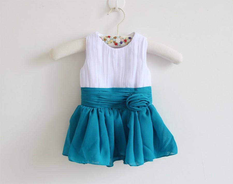 Hochzeit - White Teal Flower Girl Dress with Straps White Teal Knee-length Chiffon Baby Girl Dress With Flower