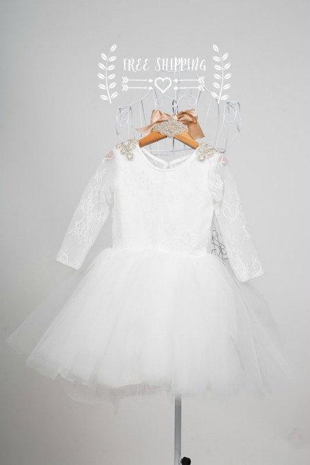 Mariage - Flower girl dress tutu style Baby dress Ivory White lace bodice lace sleeves