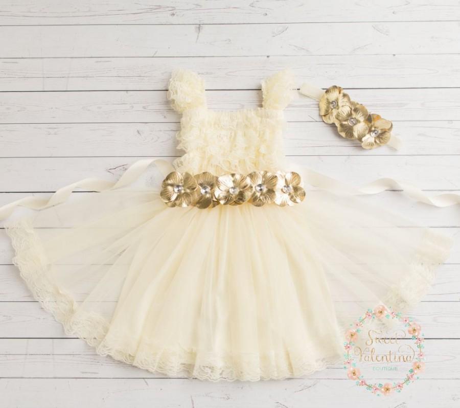 Wedding - Baby dress, Girls dress, Ivory lace dress, Ivory and gold lace flower girl dress,Easter dress,Christening dress,birthday dress,Baptism dress