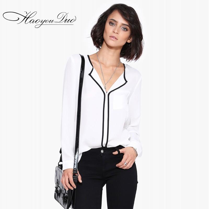 زفاف - New stylish professional woman half open v-neck white chiffon collar long sleeve shirt - Bonny YZOZO Boutique Store