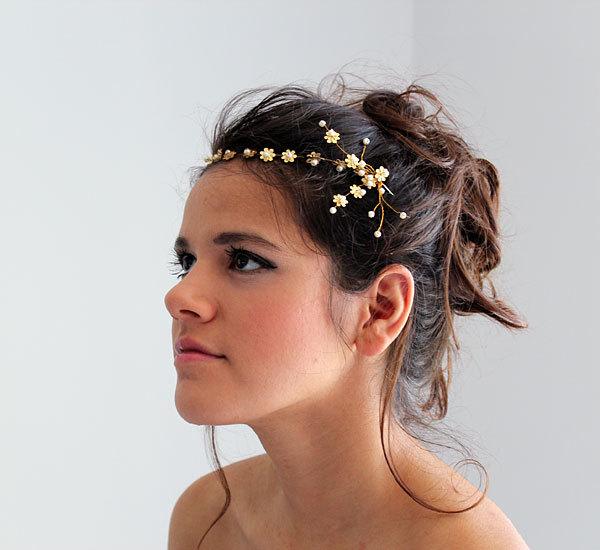 Wedding - Bridal Headband, Wedding Headband, Gold Flowers and Pearls, Flowers Crown Hair, Wedding Accessory, Bridal Hair Accessory