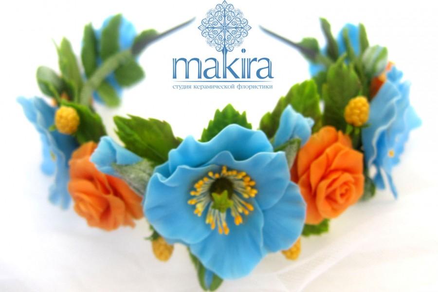 Wedding - Blue poppy, bridal hair flower, peony blossom crown, wedding flower headband, headband with blue poppy, flower hair accessory,cold porcelain
