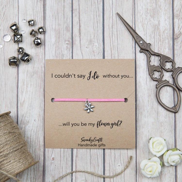 Hochzeit - Flower girl gifts - bridal party gifts - custom friendship bracelets  - I couldn't say I do - will you be my flower girl?
