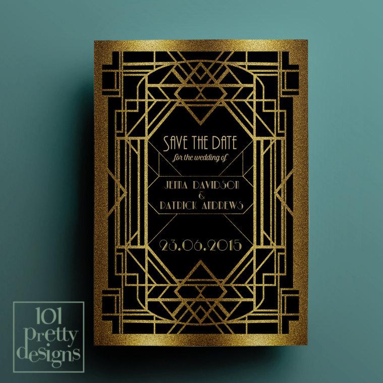 Wedding - Art Deco Save the Date template, printable save the date design, gatsby save the date template, gold save the date card template, custom