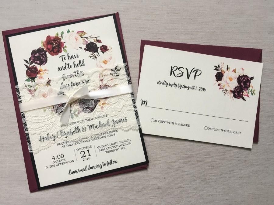 Hochzeit - Marsala Wedding Invitation, Burgundy Pink,  Lace Wedding Invite Set, Rustic Floral Wedding Invitation, Boho Chic wedding, Vintage Wedding