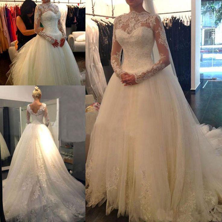 زفاف - Long Sleeve Illusion White Lace Tulle Wedding Dresses, Cheap Vantage V-back Bridal Gown, WD0007