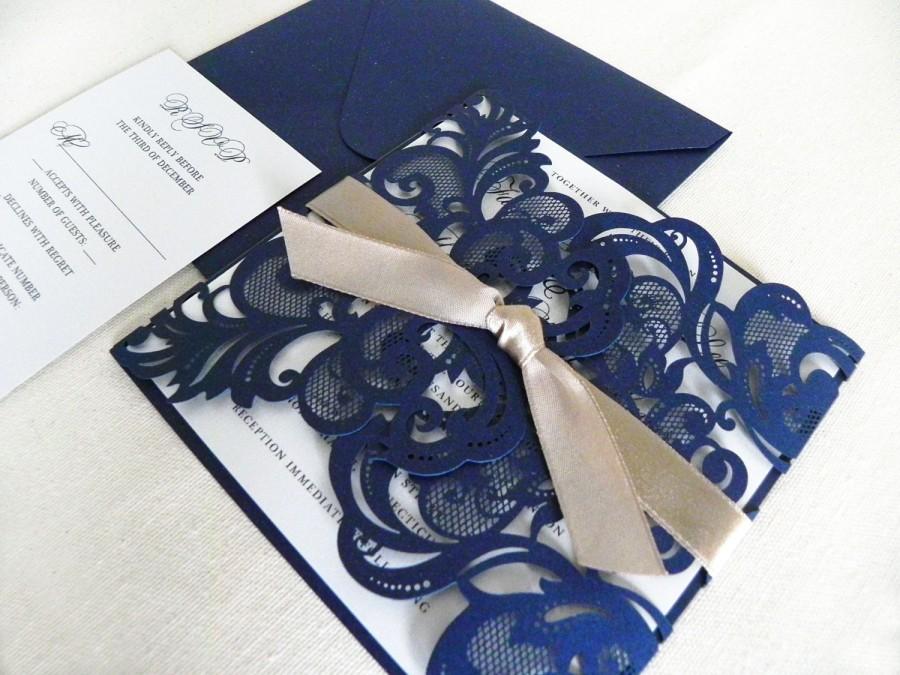 Свадьба - Vintage Navy Blue Lace Laser Cut Wedding Invitation Suite for Glamorous Wedding - Laser Cut Gate Fold, Insert Card, RSVP Card, and Envelopes