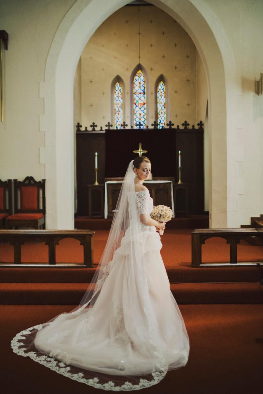 زفاف - Wedding Veil - Chapel Length with Vintage French Alencon Lace with Vintge Faux Pearls and Design At Bottom Edge