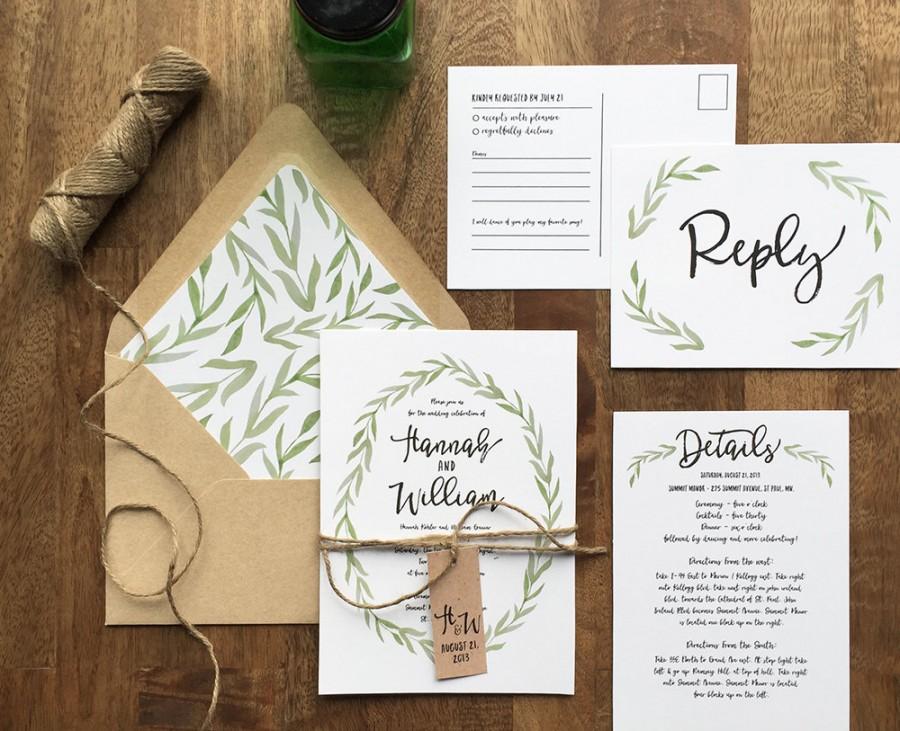 Hochzeit - rustic wedding invitation, woodland wedding, painted watercolor wreath, green botanical wreath wedding invite, printed wedding invitations,
