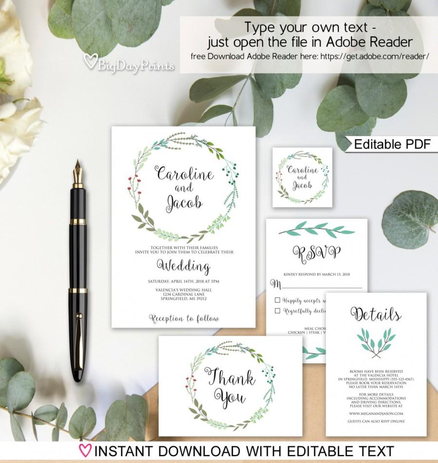 Wedding - Garden Wedding Invitation Printable, Wedding Invitation Suite Template, Invitation Set, , Editable PDF - you personalize at home.