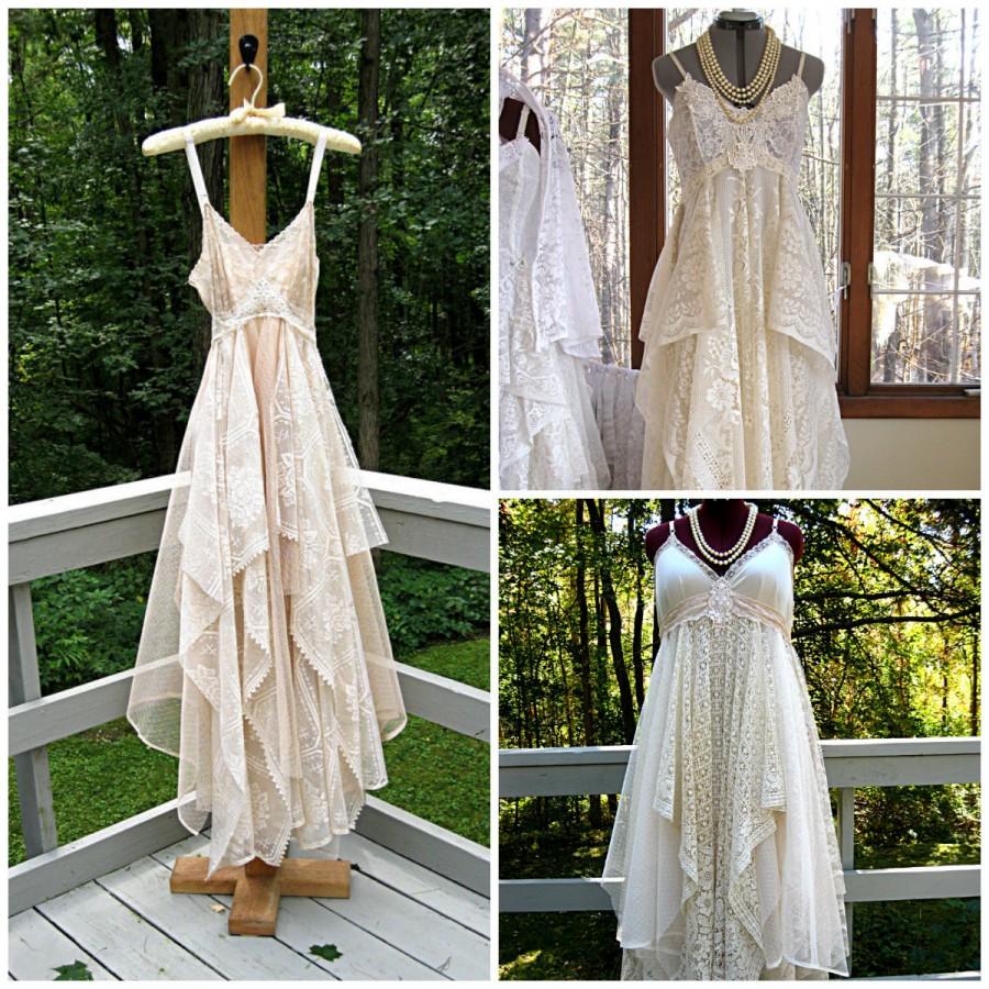 Mariage - Empire waisted tattered alternative bride gypsy boho floor length wedding dress, off white, cream, beige or ivory, made to order, size 2-20