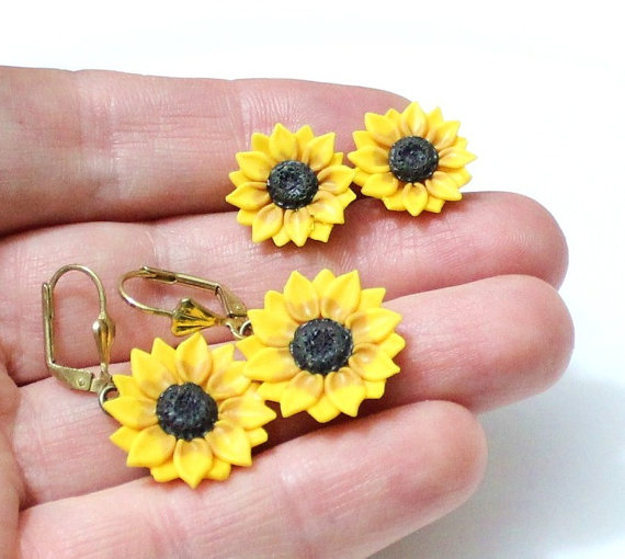 Mariage - Set Sunflower Stud Earrings and Yellow Sunflower Drop Earrings, Flower Earrings, Yellow Flower Earrings, Tiny sunflower earrings
