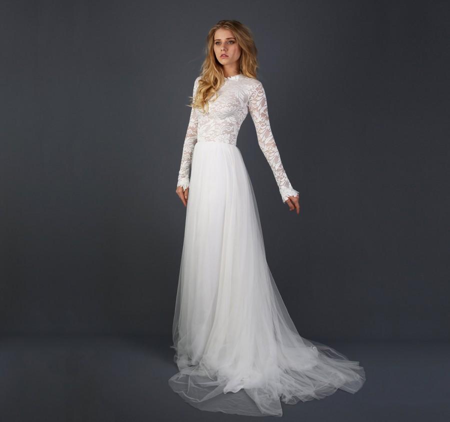 زفاف - Beautiful Lace Long Sleeve Wedding Dress with Silk Chiffon and Soft English Tulle Skirt - Zoey Dress
