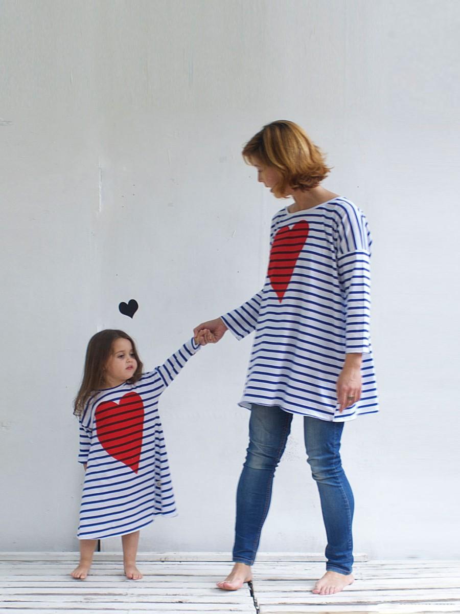Mariage - Women's Tunic Striped Oversize Tunic Long Sleeves Organic Cotton Tricot Blue & White Valentine's Heart Print Classic Stripes