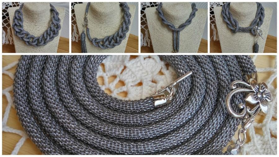 Hochzeit - Silver gray long lariat necklace transformer multifunctional all in one statement necklace casual office gift for her fashion crochet rope