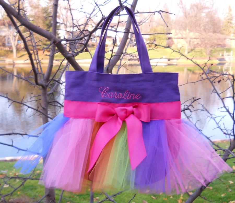 زفاف - Tutu ballet bag, tutu tote bag, Embroidered Dance Bag, MINI Purple Tote Bag with Rainbow Tulle & Hot Pink Ribbon Tutu Tote Bag - MTB148 - A