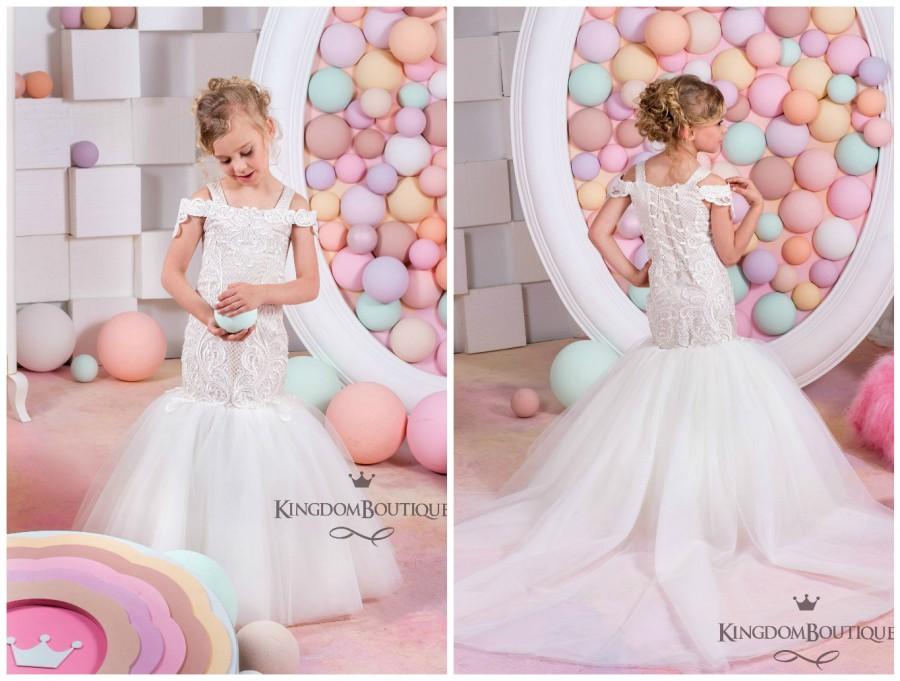 Wedding - Ivory and Cappuccino Flower Girl Mermaid style Dress -Wedding Party Mermaid Style Ivory and Cappuccino Lace Tulle Flower Girl Dress 15-039