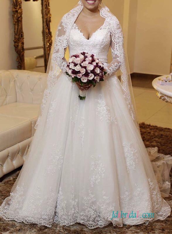 زفاف - Romance sheer back lace wedding dress with sleeves