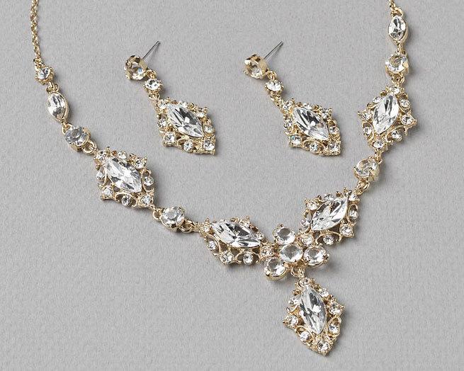 Wedding - Stunning Jewelry Set,Vintage Bridal Jewelry Set, Gold Bridal Accessories,Clear crystal rhinestones bridal necklace and earring set ~JS-618-G