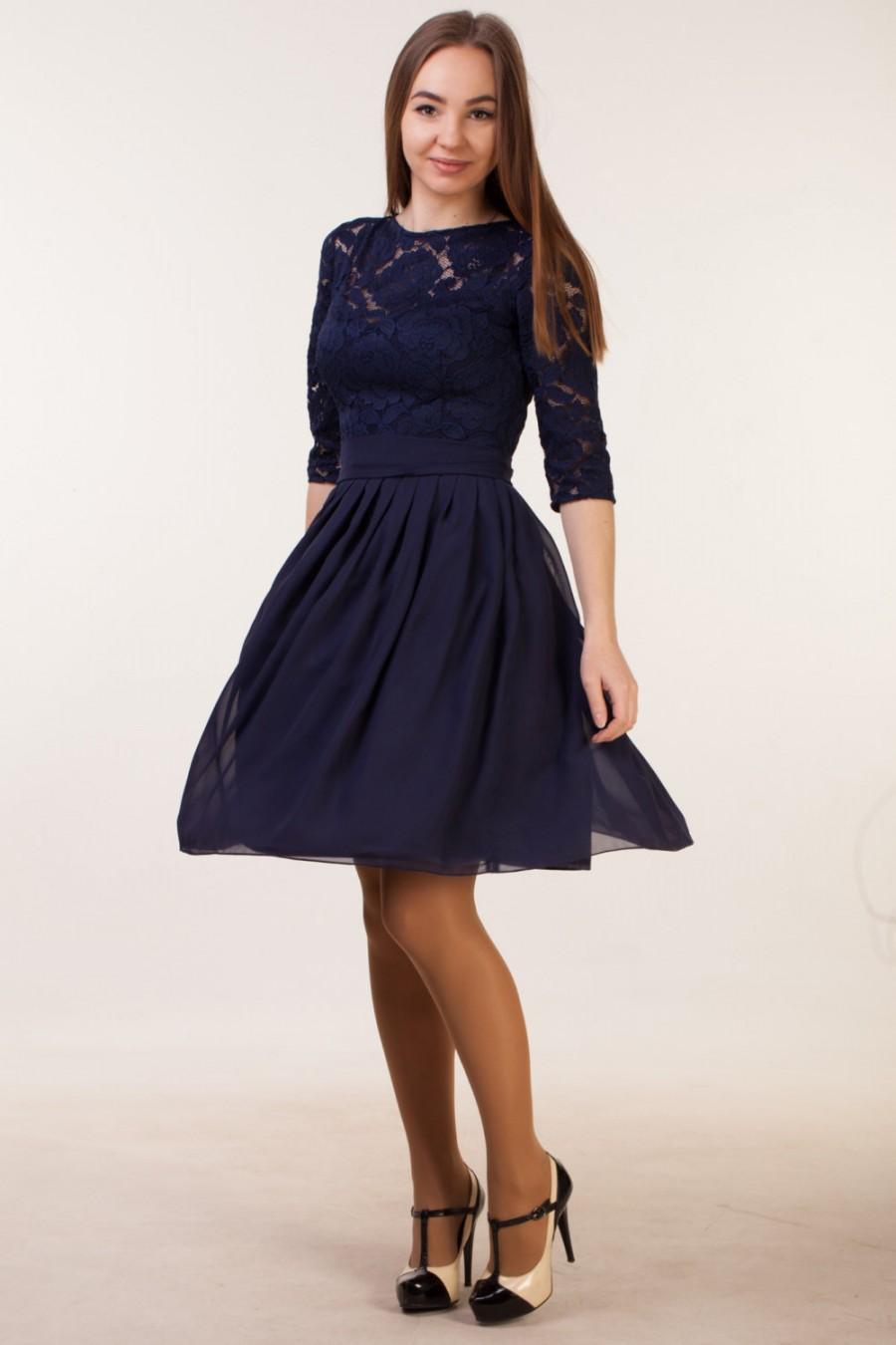 Mariage - Short navy blue dress with sleeves Navy blue bridesmaid dress with sleeves Navy blue cocktail dress Navy party dress Navy blue lace dress