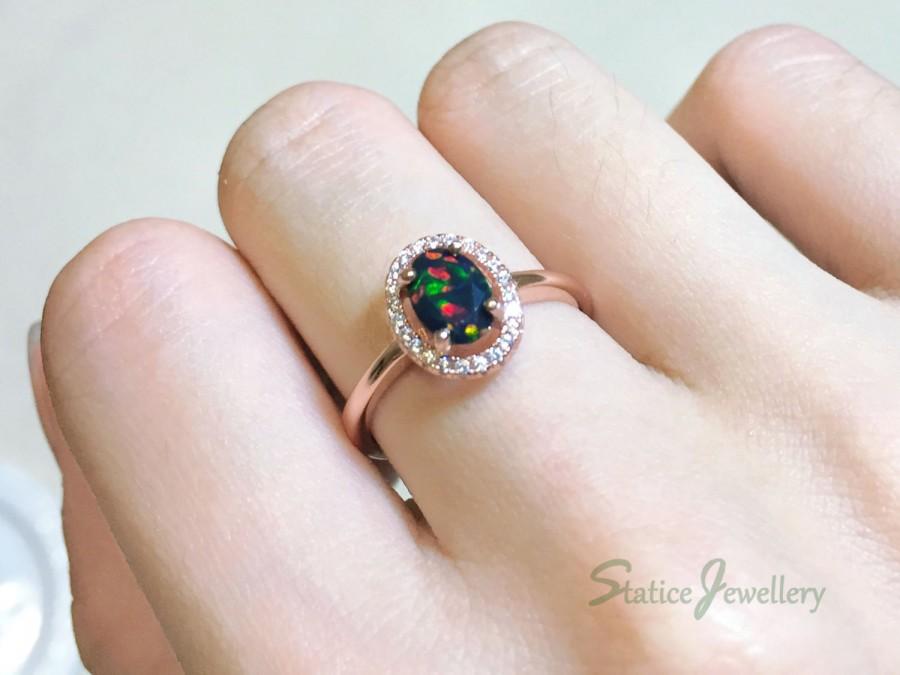 Wedding - Black Opal Halo Ring Rose Gold Sterling Silver, Genuine Natural Faceted Ethiopian Fire Opal Promise Ring Engagement Anniversary Gift For Her