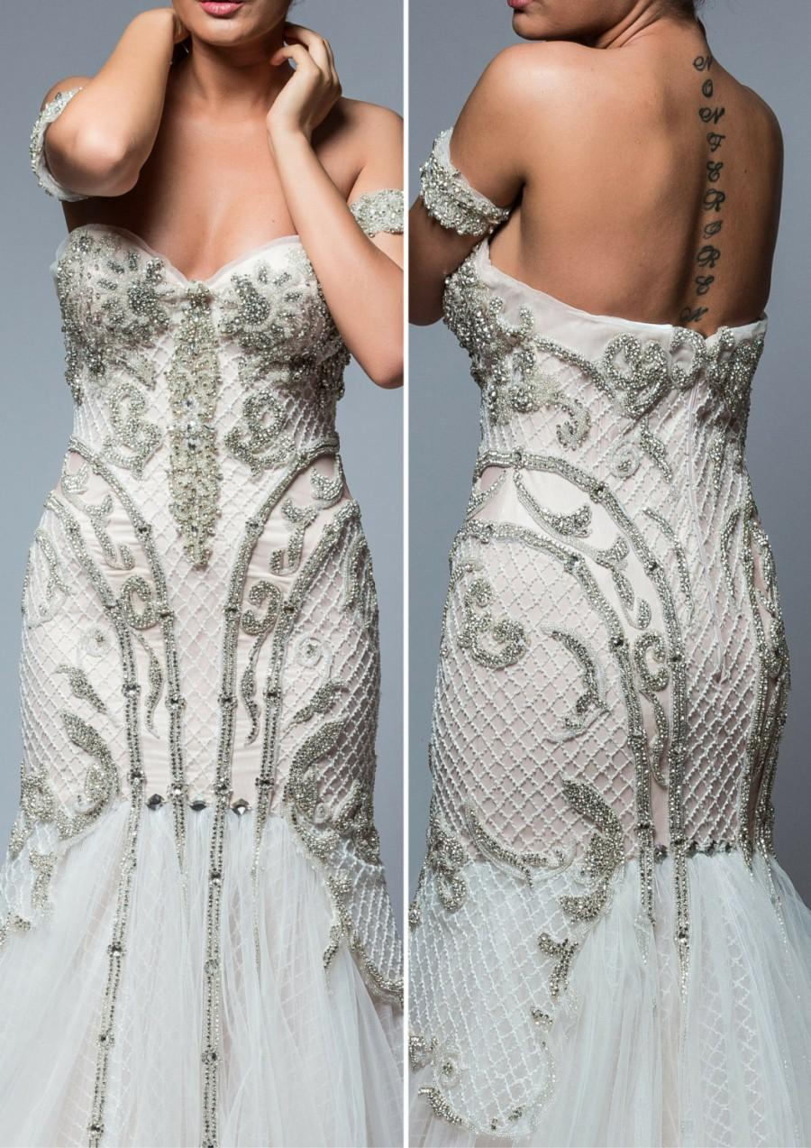 زفاف - Crystal wedding dress in ivory, Couture long wedding dress, Designer color wedding dress with pearls, Beaded wedding dress from tulle