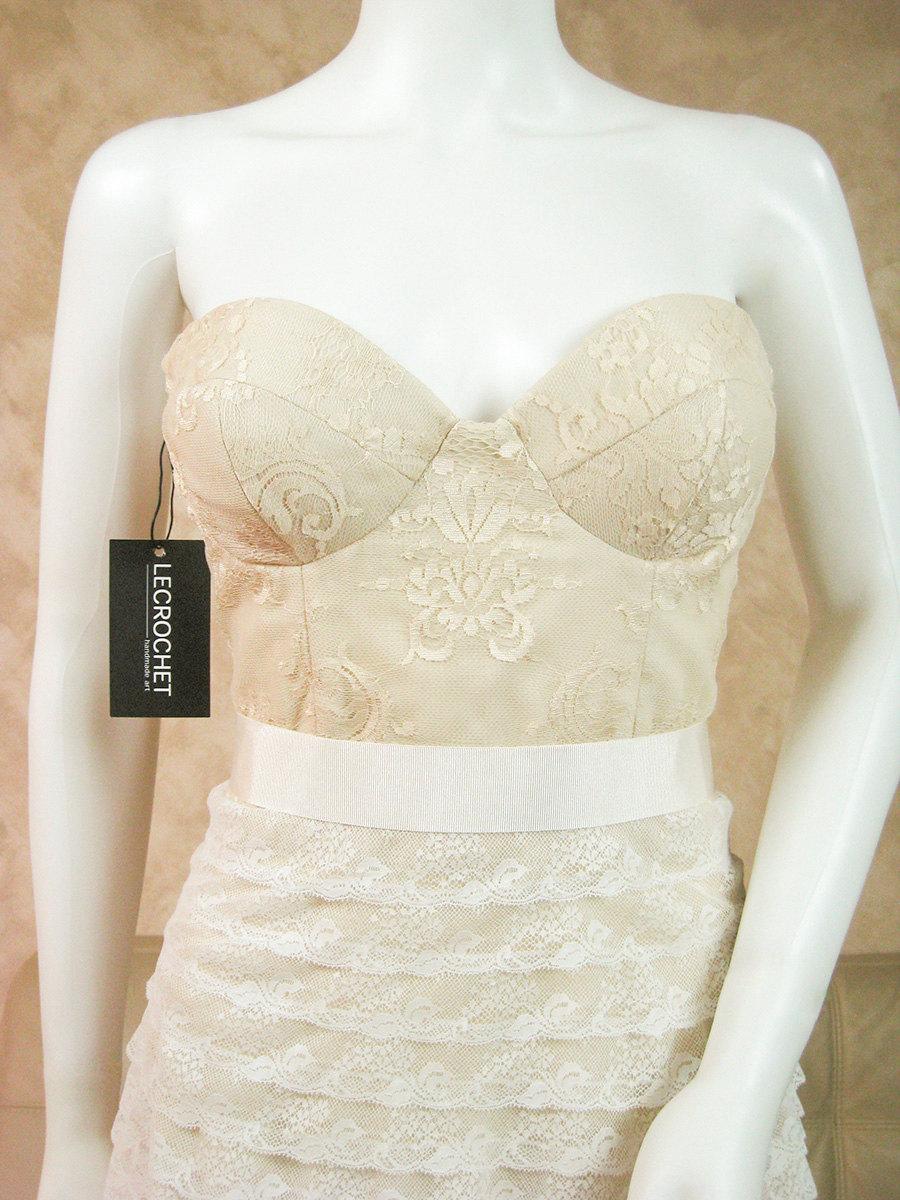 Свадьба - Tea - length lace wedding dress, bridal dress with top-bustier, boho wedding dress from vintage lace, beach lace wedding dress