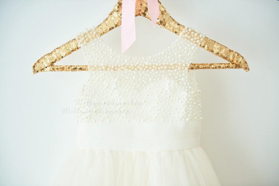 Wedding - V Back Pearl Beaded Lace Champagne Tulle Flower Girl Dress Wedding Bridesmaid Dress M0055