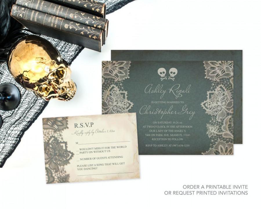 Свадьба - Custom Skull and Cross Bones Halloween Wedding Invitation, Rock and Roll, Vintage, Unique Stationery, Alternative, Rocker, DIY Save The Date