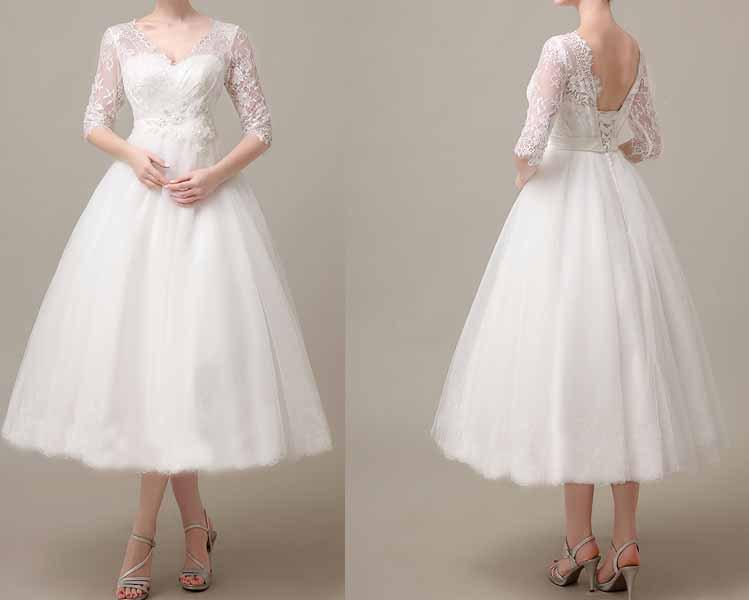 Wedding - 50shouse_ 50s inspired retro feel lace top Tulle tea length wedding dress with flower sash_ custom make