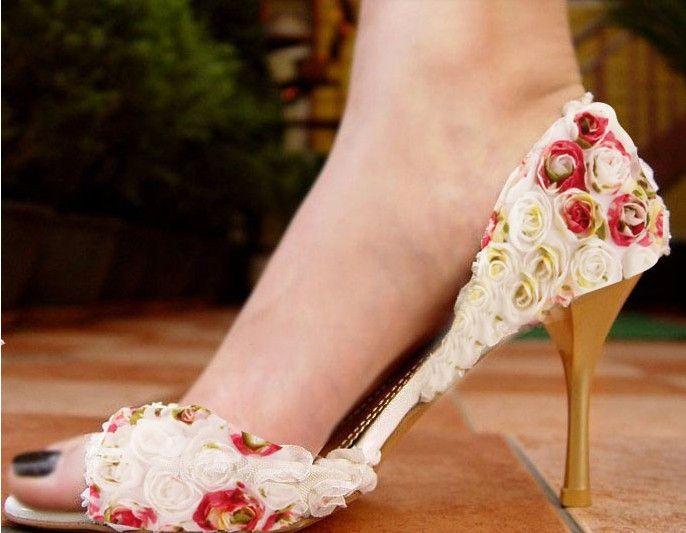 زفاف - Elegant Flower Lace Women's High Heels Fish Toe Wedding Shoes, S010