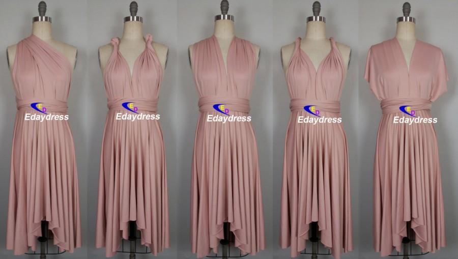 Mariage - Multiway Knee Length Butterfly Hemline Asymmetrical Hem Nude Pink Bridesmaid Infinity Convertible Wrap Dress Short Dresses