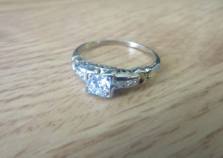 زفاف - 18k Solid White Gold 1/33 Round Diamond Vintage Engagement Ring Size 9
