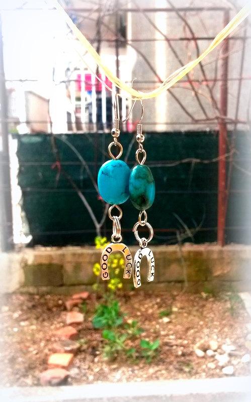 Mariage - Turquoise earrings, anniversary gift, gift for sister, birthday gift, Valentine's gift, dangling earrings, hamsa hand, owl, razor, horseshoe