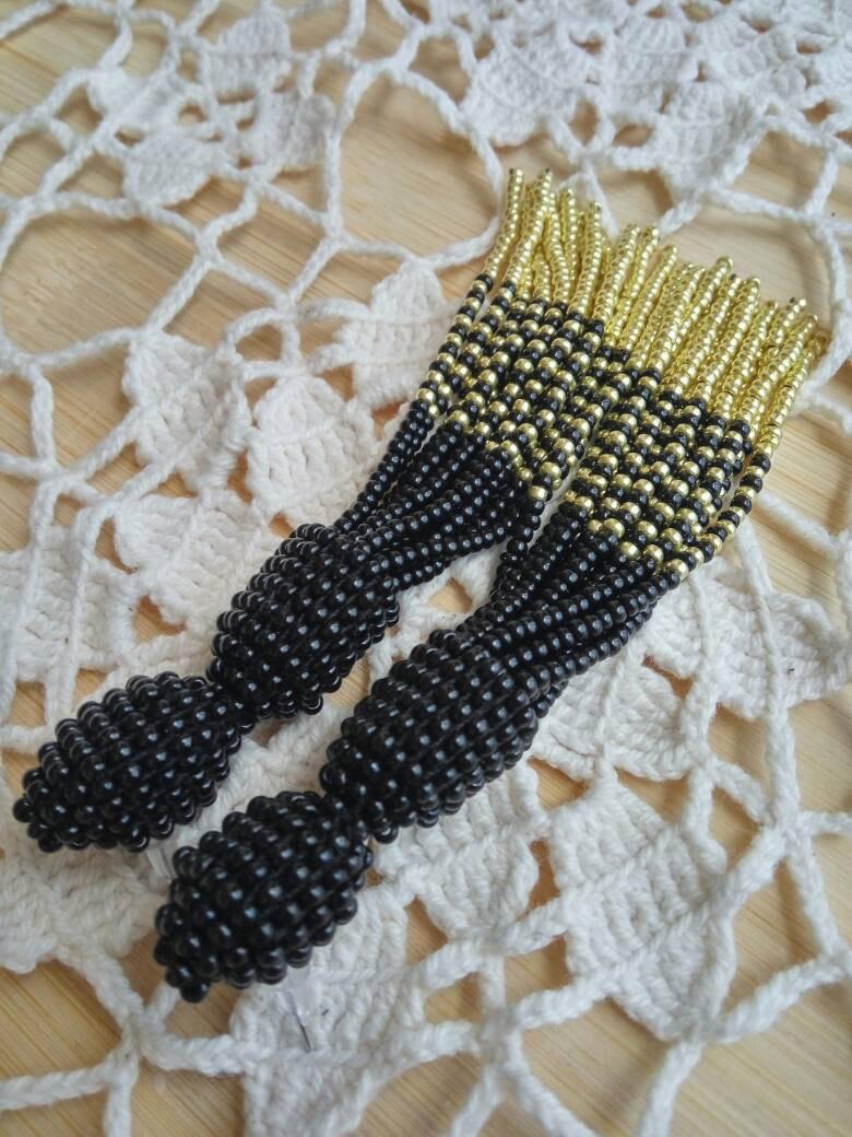 Mariage - Black gold tassel beaded earrings long short trending oscar de la renta earrings clip stud drop earrings casual unusual gift for her fashion