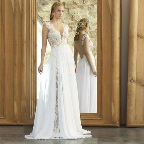 Wedding - Boho Front Slit Lace And Chiffon Beach Wedding Dress :: Autumn Collection