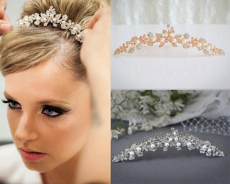 زفاف - Bridal Tiara, Rose Gold Wedding Tiara, Swarovski Pearl Crystal Bridal Tiara, Vintage Style Flower Leaf Bridal Crown Accessories, TIMOTHEA