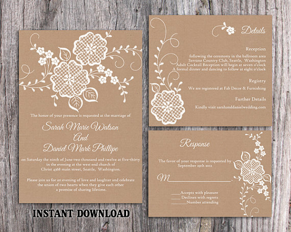 Wedding - DIY Lace Wedding Invitation Template Set Editable Word File Download Printable Rustic Wedding Invitation Burlap Vintage Floral Invitation