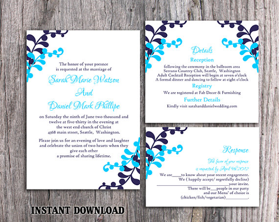 Wedding - DIY Wedding Invitation Template Set Editable Word File Instant Download Printable Leaf Wedding Invitation Aqua Navy Blue Invitation