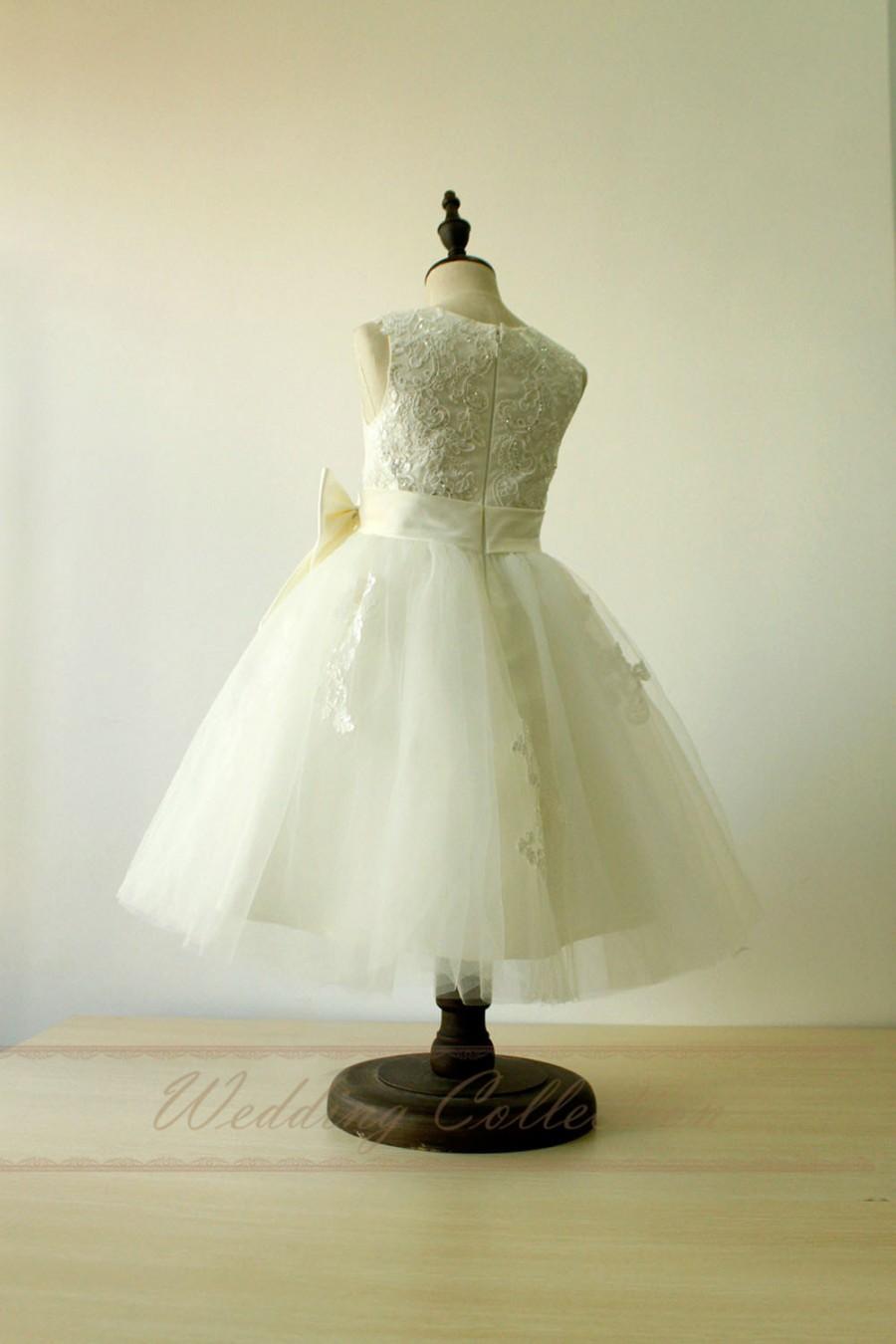 Wedding - Applique Lace Flower Girl Dress Tutu Tulle Children Dress with Big Bow
