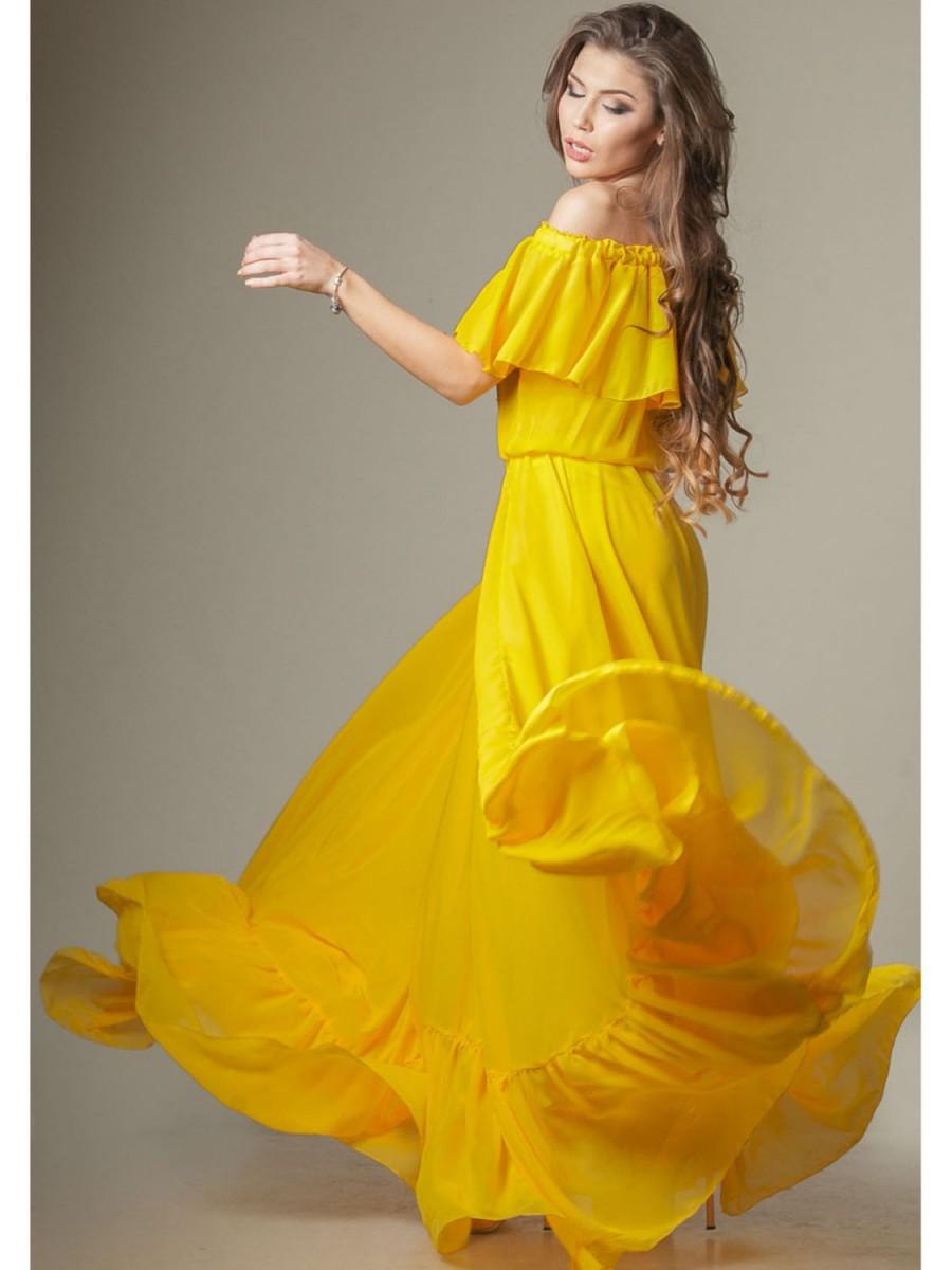 Bridesmaid Summer Wedding Yellow Maxi Dress Floor Length Party Open Shoulder Chiffon Dress