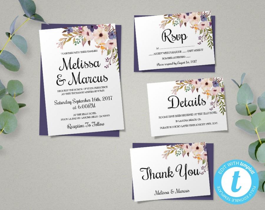 Свадьба - Lavender Floral Wedding Invitation Template Set + RSVP + Details + Thank You Card - Instant Access - Edit in Our Web App - Floral Design