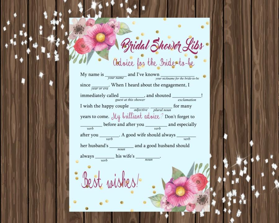 Hochzeit - Watercolor Flowers Vintage-Style Bridal Shower Mad Libs Digital Printable Instant Download
