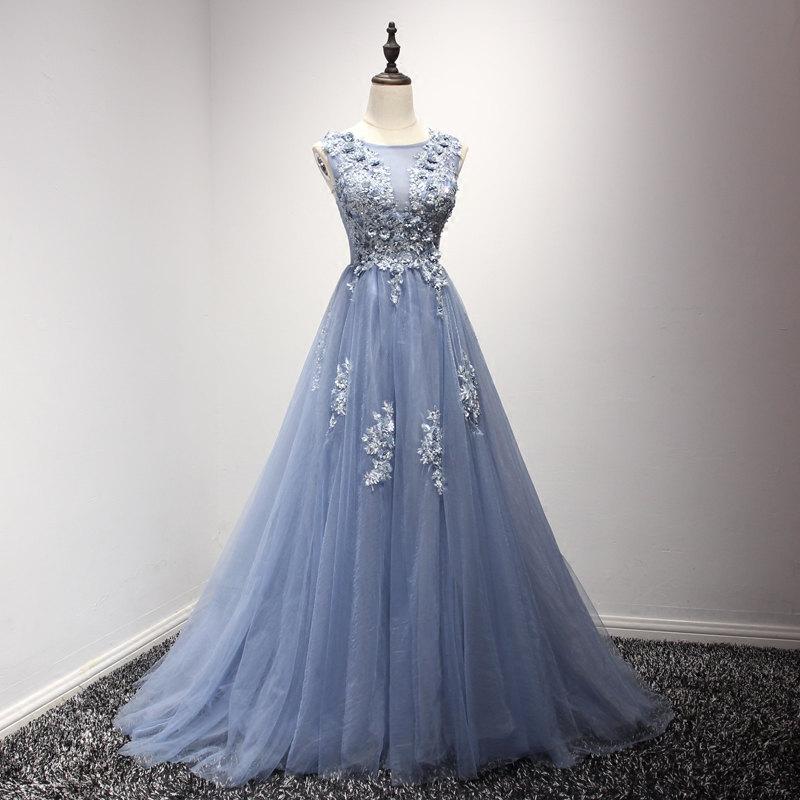 Wedding - Blue Lace Prom Dress Hand Made Flowers with Beading Party Dress 2017 Women Formal Evening Gown Girls Party Dresses Bridal Wedding Party